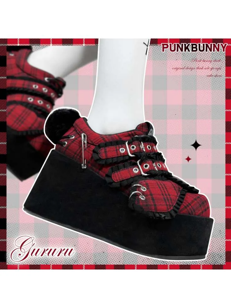 Y2K Black Rabbit Plaid Platform Shoes【s0000008557】
