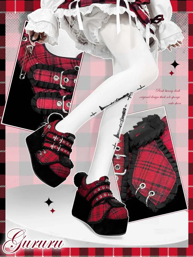 Y2K Black Rabbit Plaid Platform Shoes【s0000008557】
