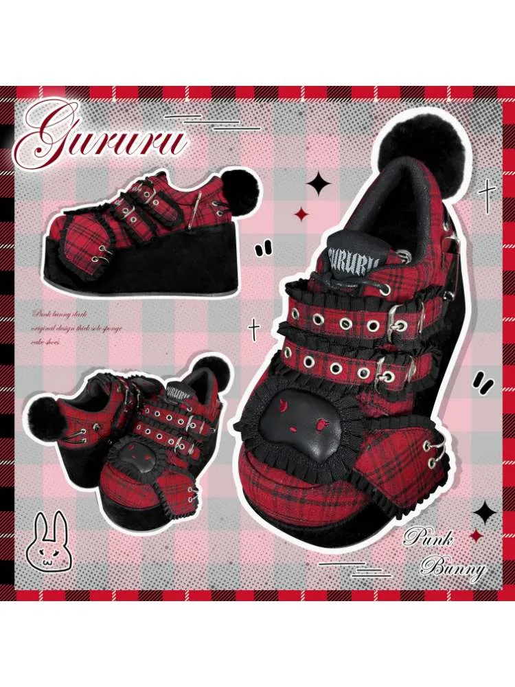 Y2K Black Rabbit Plaid Platform Shoes【s0000008557】