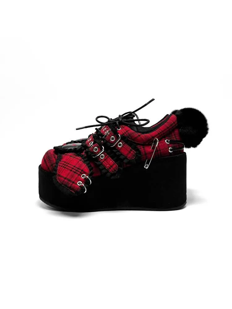 Y2K Black Rabbit Plaid Platform Shoes【s0000008557】