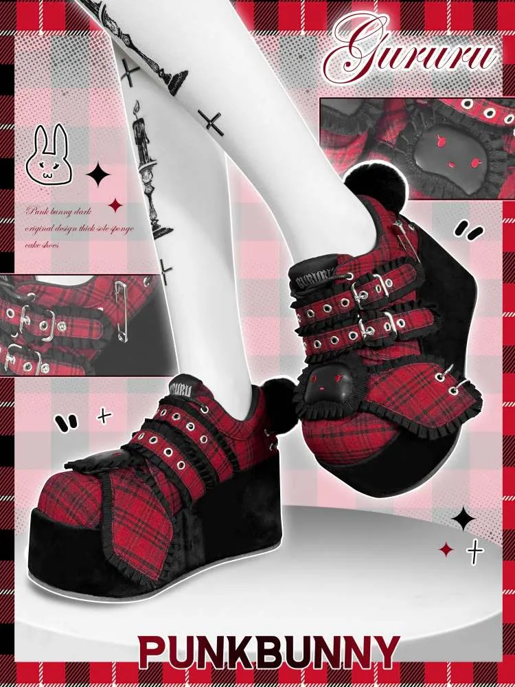Y2K Black Rabbit Plaid Platform Shoes【s0000008557】